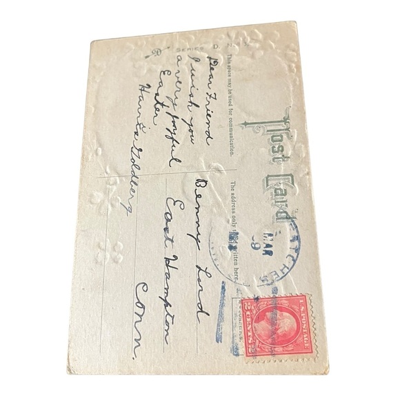 Vtg 1918 Postcard Anthropomorphic Easter Bunny Playing Horn Egg Clover Embossed - Picture 5 of 9